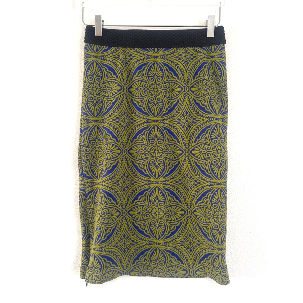 Anthropologie Maeve Medallion Knit Jacquard Pencil Skirt Blue Green